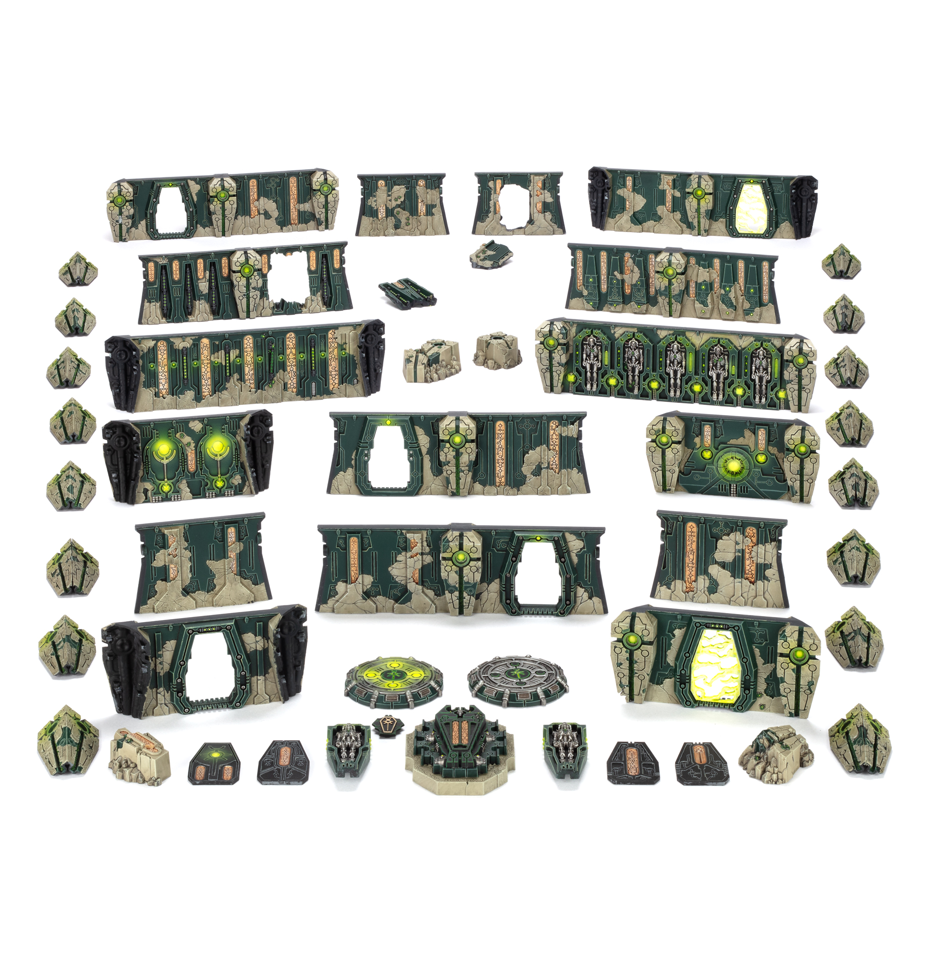 A complex Tomb World terrain setup on a gaming mat