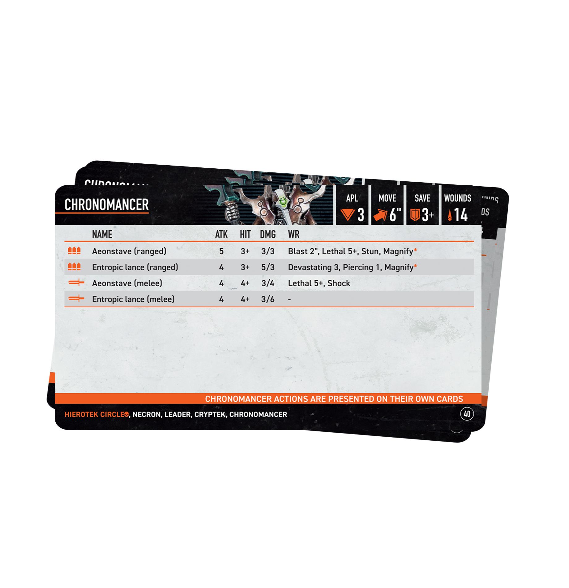 Datacards displayed on a gaming surface