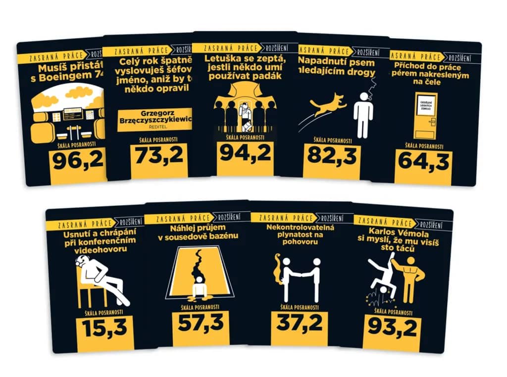 Players laughing at cards featuring funny catastrophe illustrations.