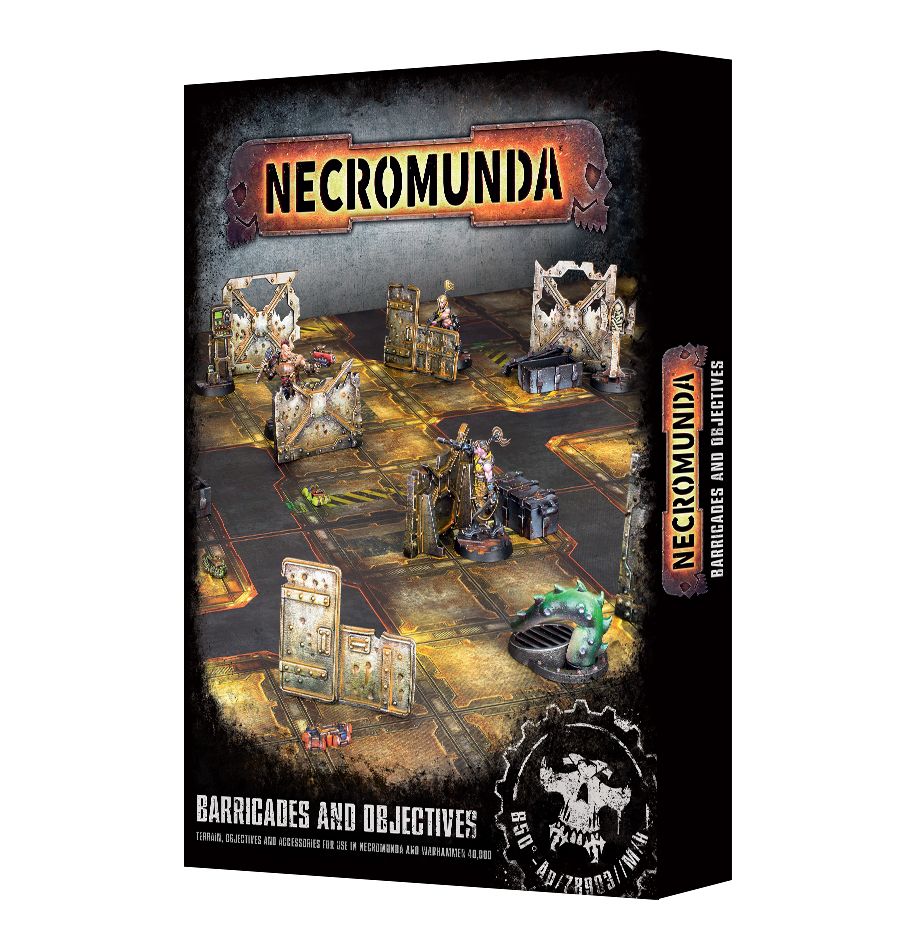 Close up of Necromunda objective terminals and ammo crates