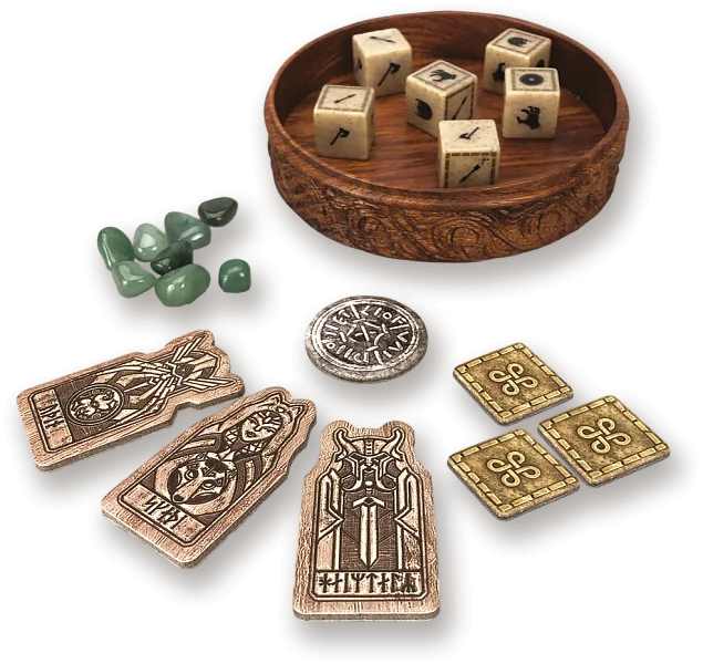 Two players engaging in a game of Orlog with dice and tokens.