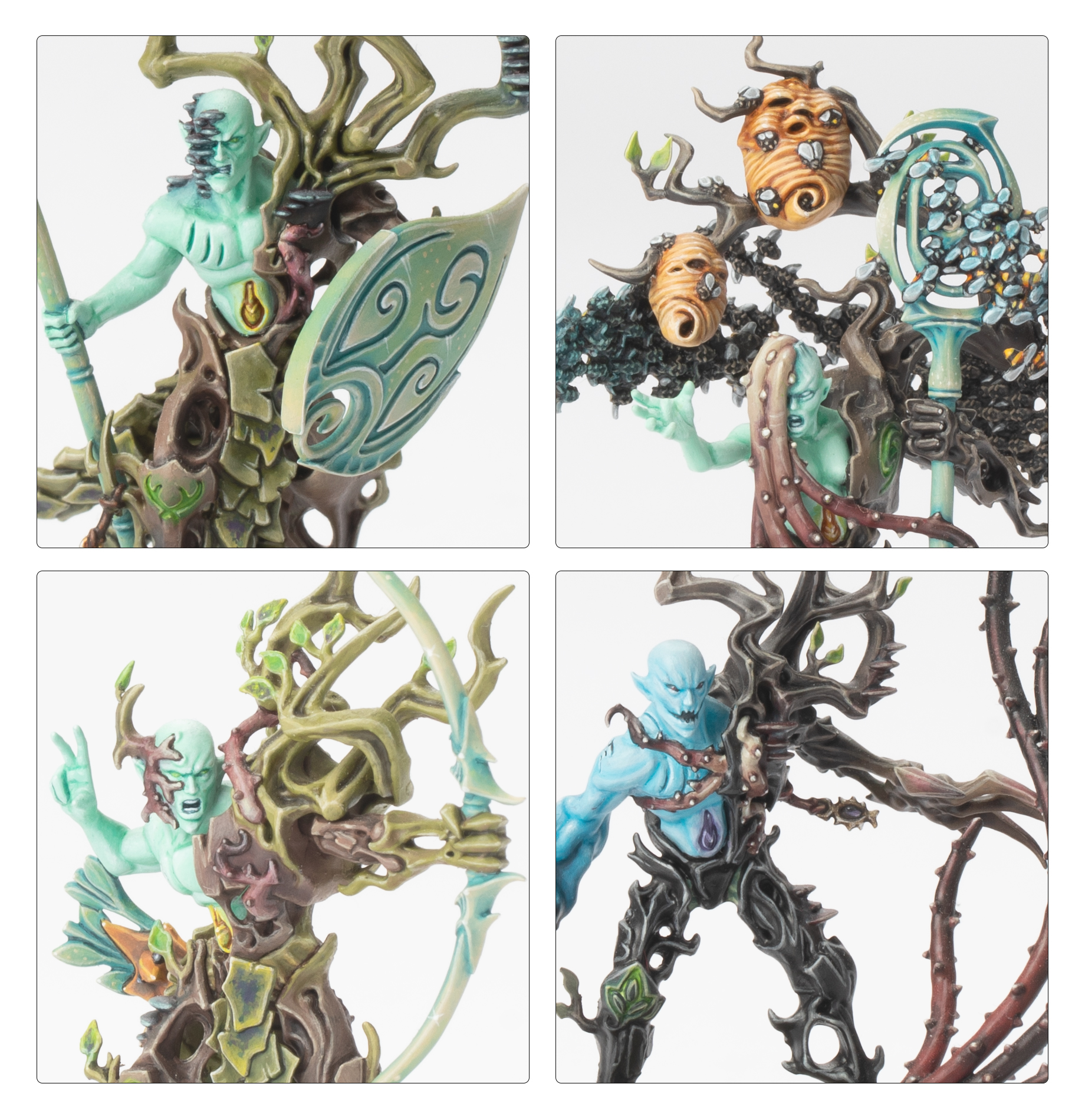 Close-up of Twistweald miniatures showing bark and wing detail