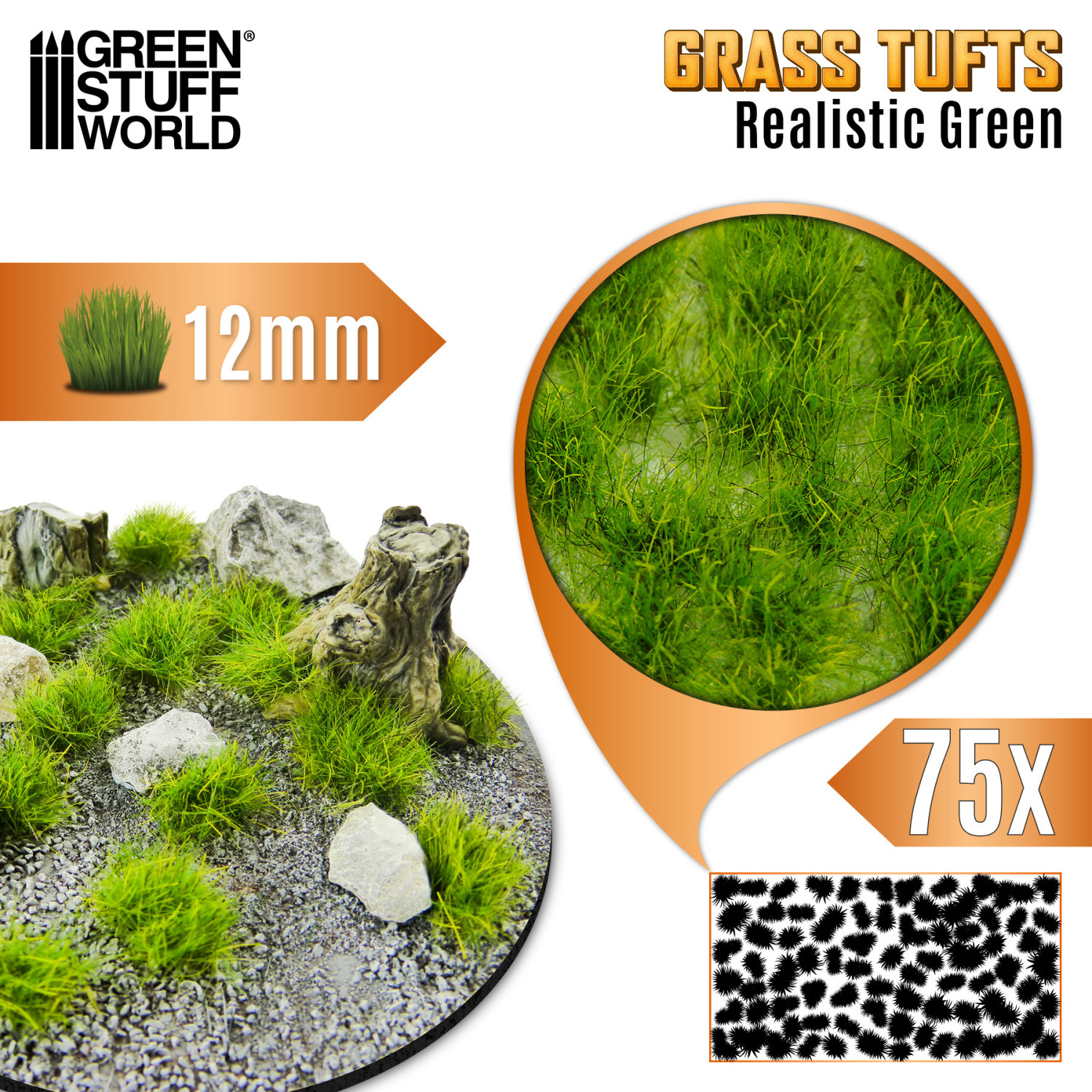 Static Grass Tufts 12 mm - Realistic Green