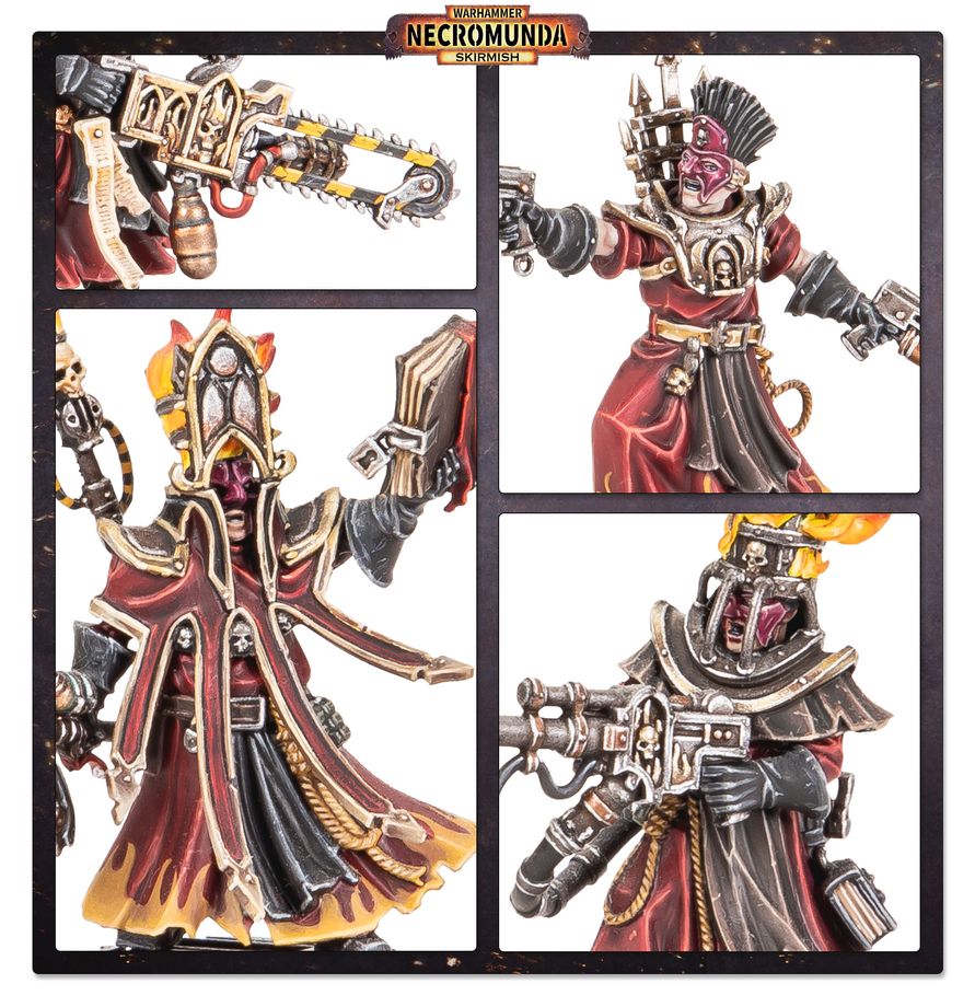 Painted Cawdor gang miniatures in battle setup