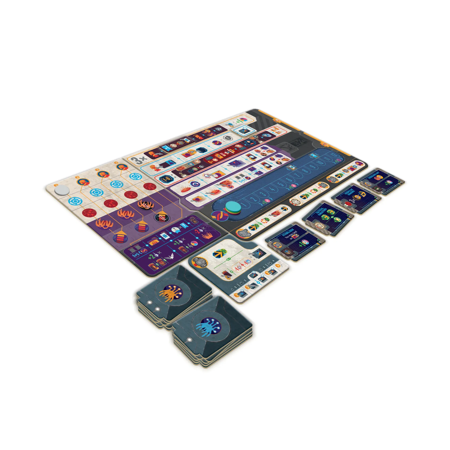 Detailed view of game tokens and cards