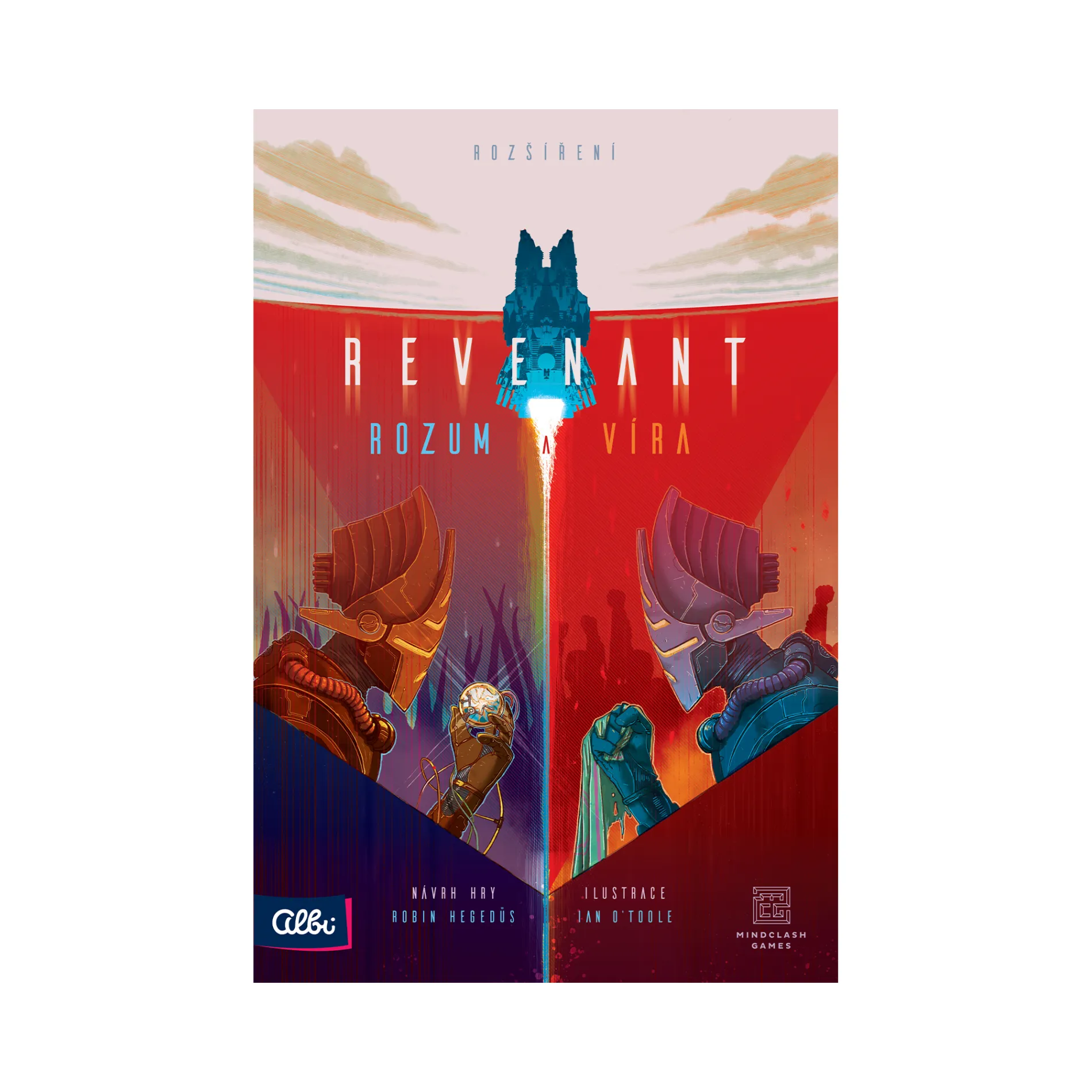Detail of components and cards from the Revenant: Rozum a víra expansion