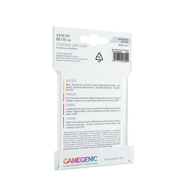 Detail of Gamegenic matte sleeves packaging