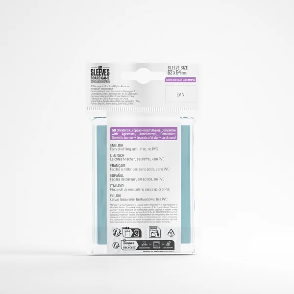Detail of Gamegenic Standard European sleeves packaging