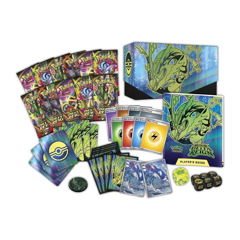 View of the components in the Pokémon TCG: ME06 Delta Reign - Elite Trainer Box